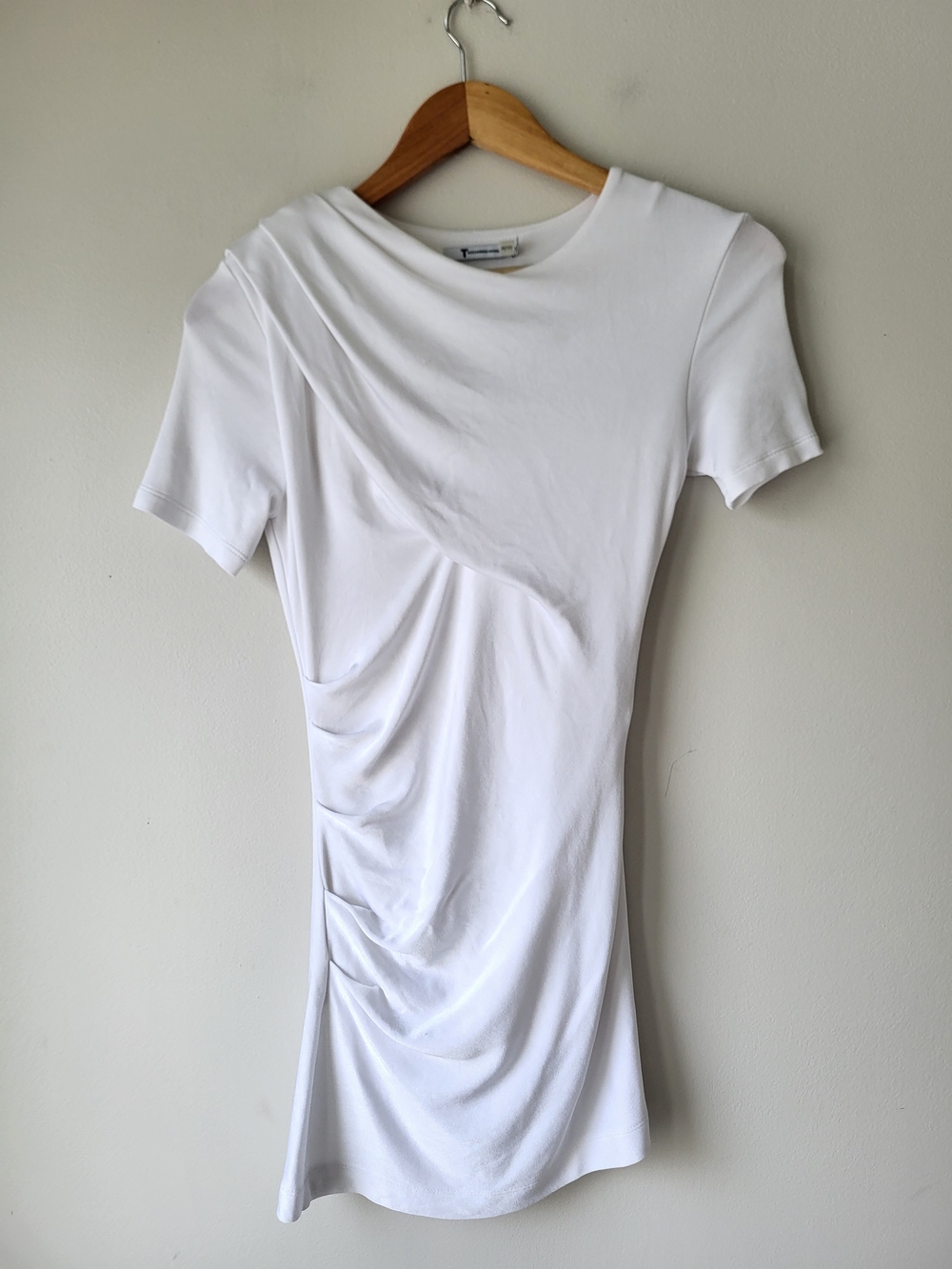 T by Alexander Wang White Draped Side-Ruched Short Sleeve Bodycon Tee Dress
